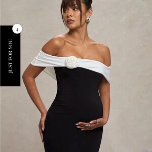 BLACK & WHITE BARDOT MATERNITY MAXI DRESS WITH FLOWER